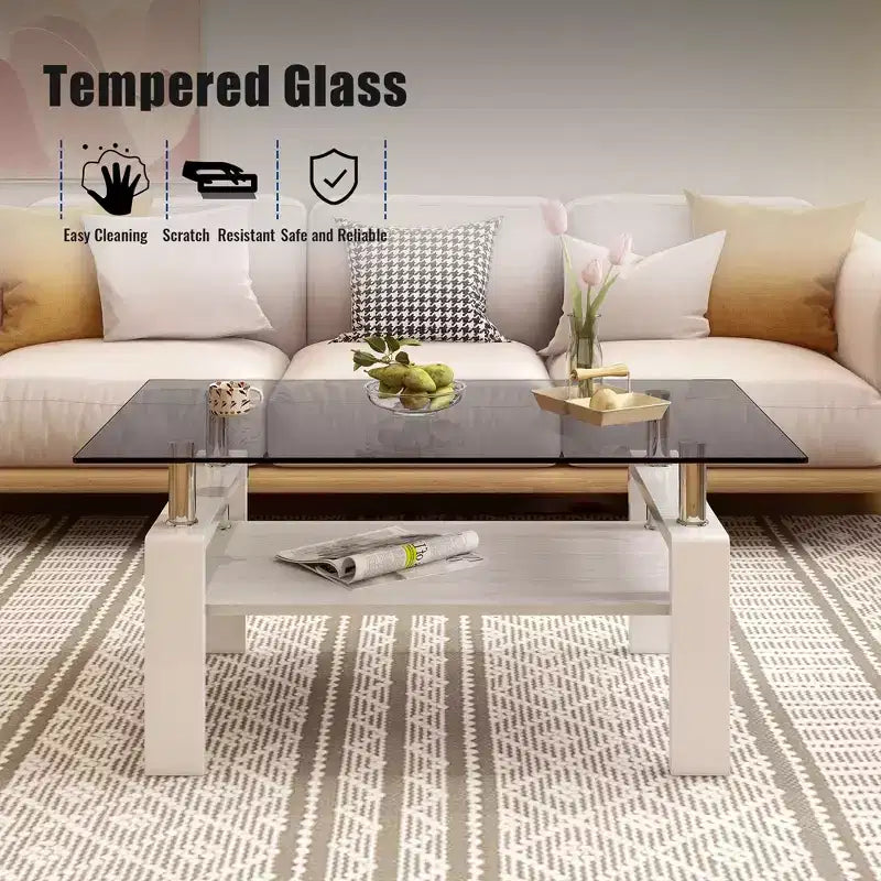 Table basse moderne rectangulaire Okak à 2 niveaux avec plateau en verre trempé et pieds en métal, table centrale d'appoint avec couche MDF pour salon