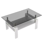 Table basse moderne rectangulaire Okak à 2 niveaux avec plateau en verre trempé et pieds en métal, table centrale d'appoint avec couche MDF pour salon