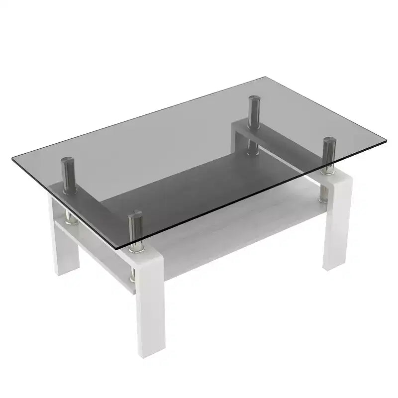 Table basse moderne rectangulaire Okak à 2 niveaux avec plateau en verre trempé et pieds en métal, table centrale d'appoint avec couche MDF pour salon