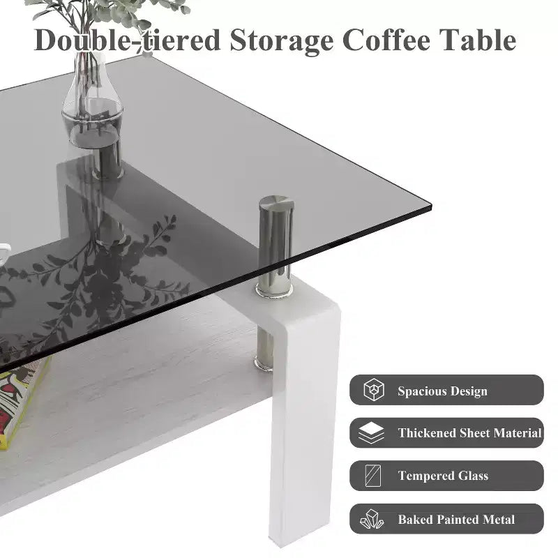 Table basse moderne rectangulaire Okak à 2 niveaux avec plateau en verre trempé et pieds en métal, table centrale d'appoint avec couche MDF pour salon