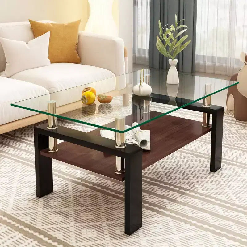Table basse moderne rectangulaire Okak à 2 niveaux avec plateau en verre trempé et pieds en métal, table centrale d'appoint avec couche MDF pour salon