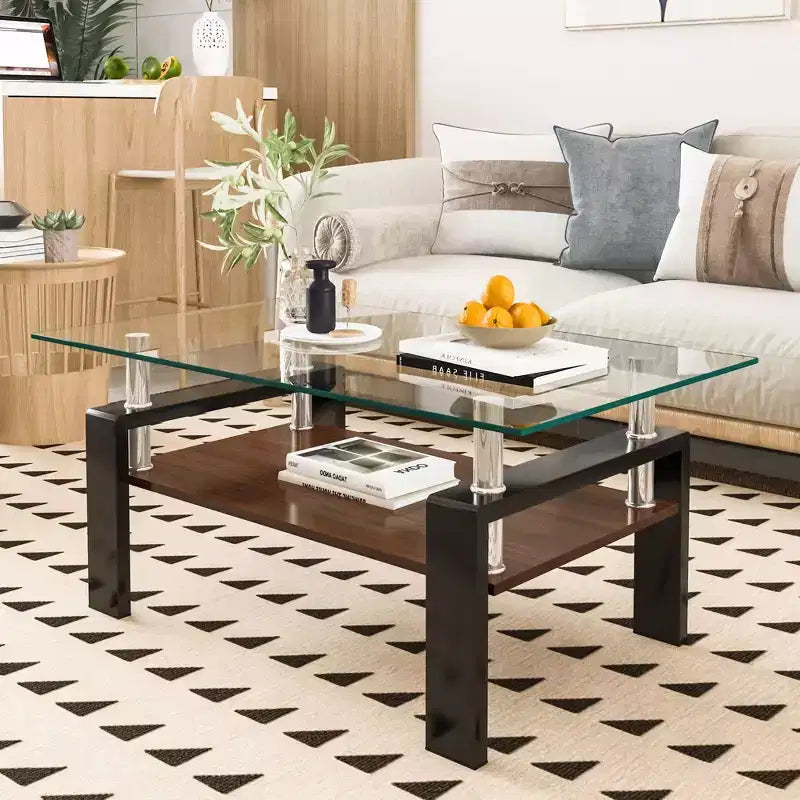 Table basse moderne rectangulaire Okak à 2 niveaux avec plateau en verre trempé et pieds en métal, table centrale d'appoint avec couche MDF pour salon