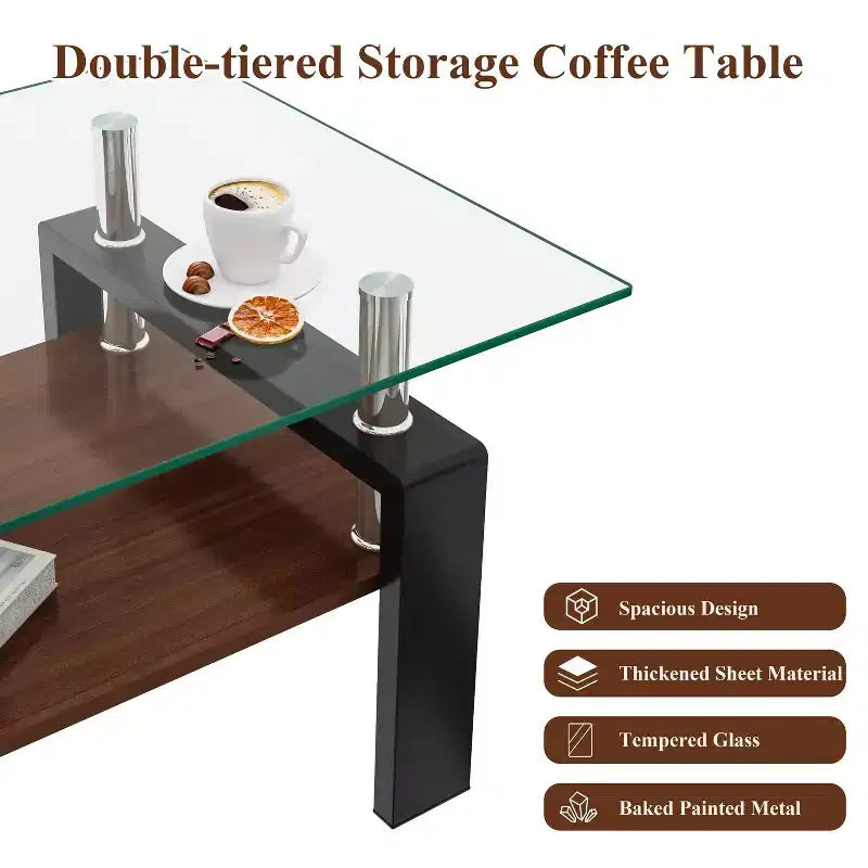Table basse moderne rectangulaire Okak à 2 niveaux avec plateau en verre trempé et pieds en métal, table centrale d'appoint avec couche MDF pour salon