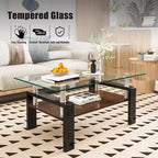 Table basse moderne rectangulaire Okak à 2 niveaux avec plateau en verre trempé et pieds en métal, table centrale d'appoint avec couche MDF pour salon