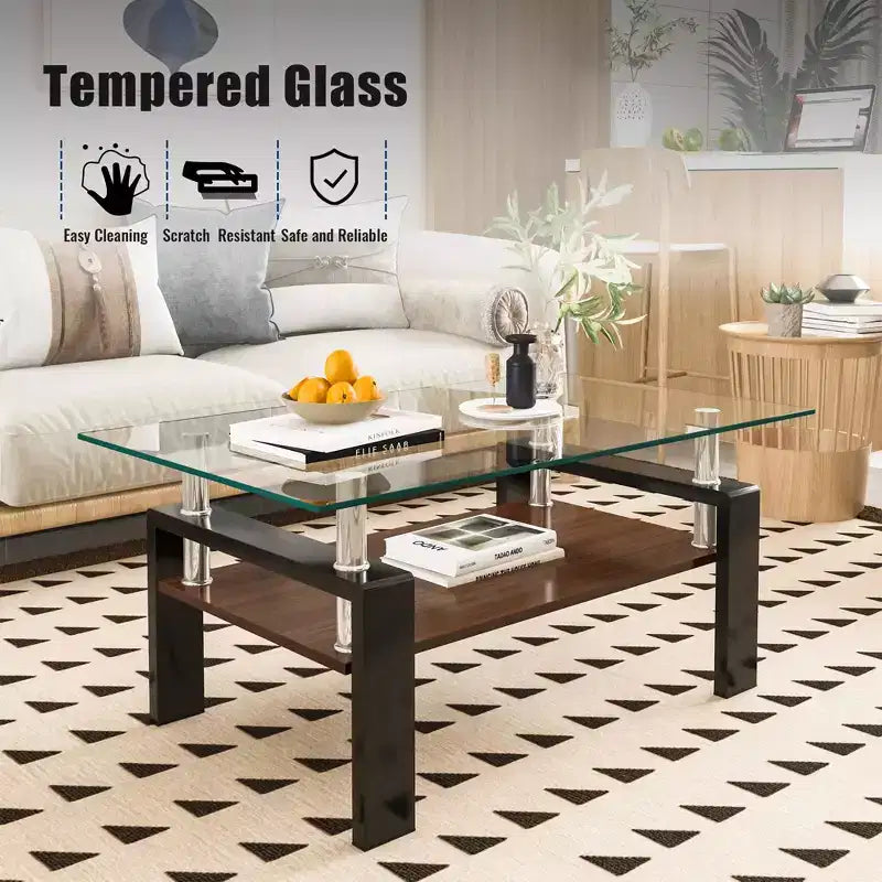 Table basse moderne rectangulaire Okak à 2 niveaux avec plateau en verre trempé et pieds en métal, table centrale d'appoint avec couche MDF pour salon