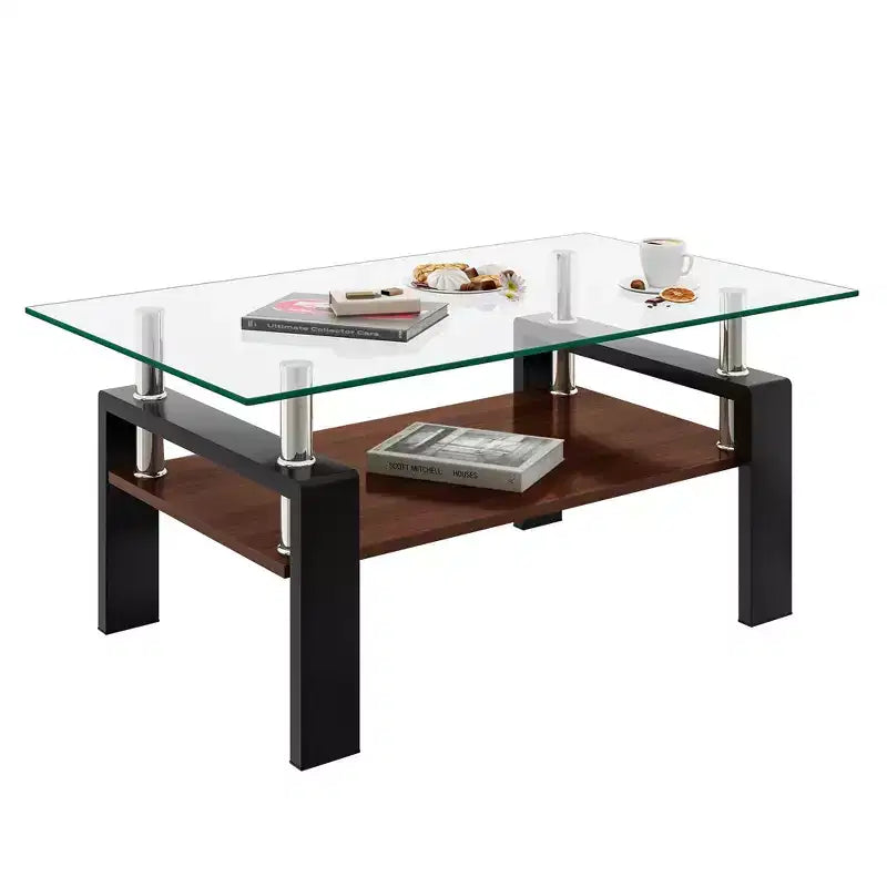 Table basse moderne rectangulaire Okak à 2 niveaux avec plateau en verre trempé et pieds en métal, table centrale d'appoint avec couche MDF pour salon