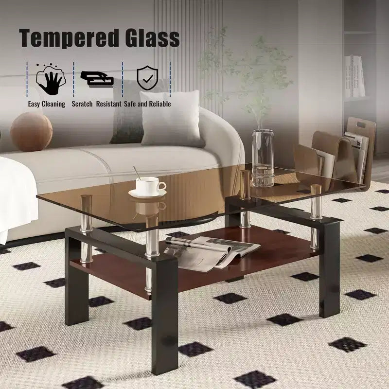 Table basse moderne rectangulaire Okak à 2 niveaux avec plateau en verre trempé et pieds en métal, table centrale d'appoint avec couche MDF pour salon