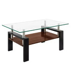 Table basse moderne rectangulaire Okak à 2 niveaux avec plateau en verre trempé et pieds en métal, table centrale d'appoint avec couche MDF pour salon