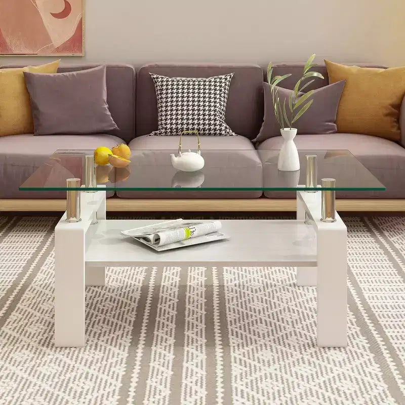Table basse moderne rectangulaire Okak à 2 niveaux avec plateau en verre trempé et pieds en métal, table centrale d'appoint avec couche MDF pour salon