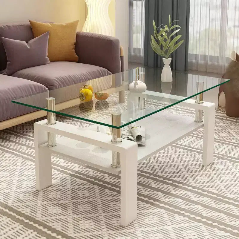 Table basse moderne rectangulaire Okak à 2 niveaux avec plateau en verre trempé et pieds en métal, table centrale d'appoint avec couche MDF pour salon