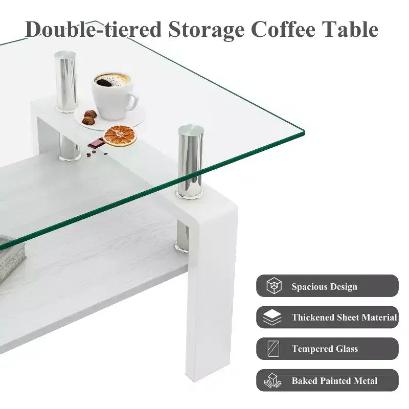 Table basse moderne rectangulaire Okak à 2 niveaux avec plateau en verre trempé et pieds en métal, table centrale d'appoint avec couche MDF pour salon