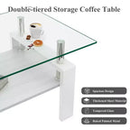 Table basse moderne rectangulaire Okak à 2 niveaux avec plateau en verre trempé et pieds en métal, table centrale d'appoint avec couche MDF pour salon