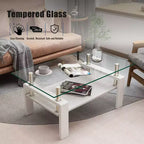Table basse moderne rectangulaire Okak à 2 niveaux avec plateau en verre trempé et pieds en métal, table centrale d'appoint avec couche MDF pour salon