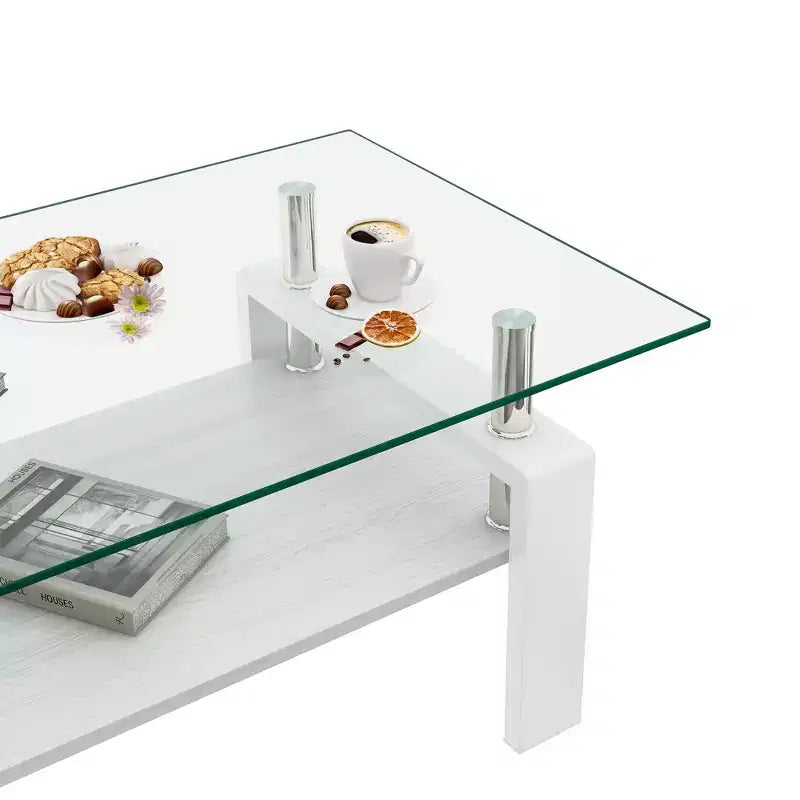 Table basse moderne rectangulaire Okak à 2 niveaux avec plateau en verre trempé et pieds en métal, table centrale d'appoint avec couche MDF pour salon