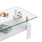 Table basse moderne rectangulaire Okak à 2 niveaux avec plateau en verre trempé et pieds en métal, table centrale d'appoint avec couche MDF pour salon