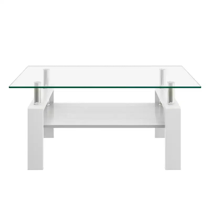 Table basse moderne rectangulaire Okak à 2 niveaux avec plateau en verre trempé et pieds en métal, table centrale d'appoint avec couche MDF pour salon