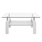 Table basse moderne rectangulaire Okak à 2 niveaux avec plateau en verre trempé et pieds en métal, table centrale d'appoint avec couche MDF pour salon