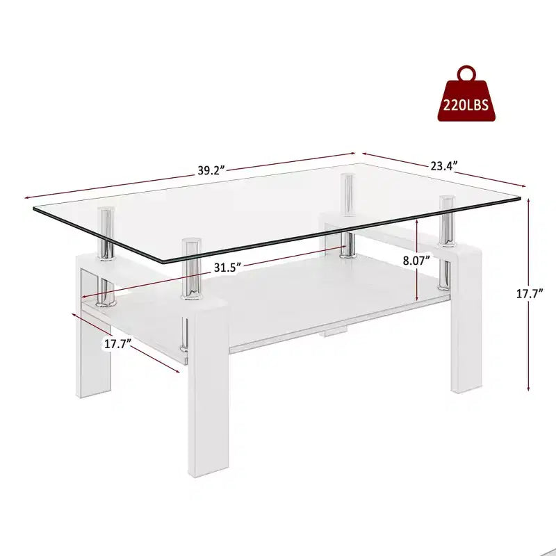 Table basse moderne rectangulaire Okak à 2 niveaux avec plateau en verre trempé et pieds en métal, table centrale d'appoint avec couche MDF pour salon