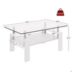 Table basse moderne rectangulaire Okak à 2 niveaux avec plateau en verre trempé et pieds en métal, table centrale d'appoint avec couche MDF pour salon