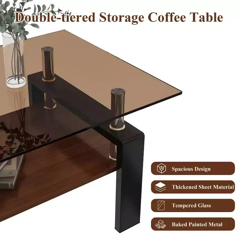 Table basse moderne rectangulaire Okak à 2 niveaux avec plateau en verre trempé et pieds en métal, table centrale d'appoint avec couche MDF pour salon