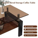 Table basse moderne rectangulaire Okak à 2 niveaux avec plateau en verre trempé et pieds en métal, table centrale d'appoint avec couche MDF pour salon