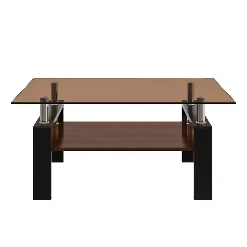 Table basse moderne rectangulaire Okak à 2 niveaux avec plateau en verre trempé et pieds en métal, table centrale d'appoint avec couche MDF pour salon