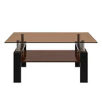 Table basse moderne rectangulaire Okak à 2 niveaux avec plateau en verre trempé et pieds en métal, table centrale d'appoint avec couche MDF pour salon