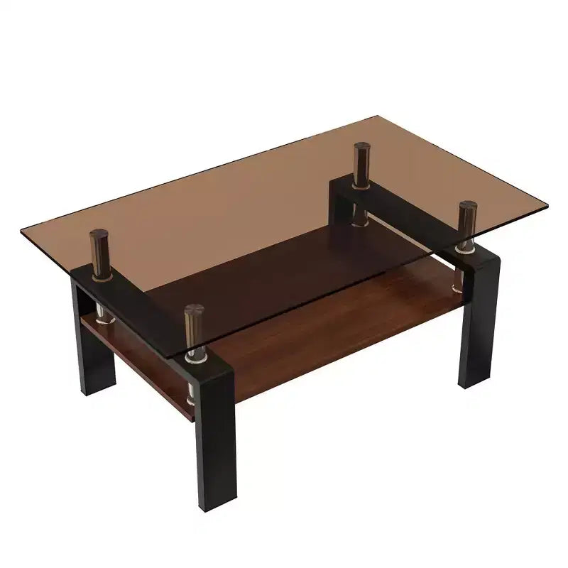 Table basse moderne rectangulaire Okak à 2 niveaux avec plateau en verre trempé et pieds en métal, table centrale d'appoint avec couche MDF pour salon