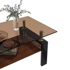 Table basse moderne rectangulaire Okak à 2 niveaux avec plateau en verre trempé et pieds en métal, table centrale d'appoint avec couche MDF pour salon