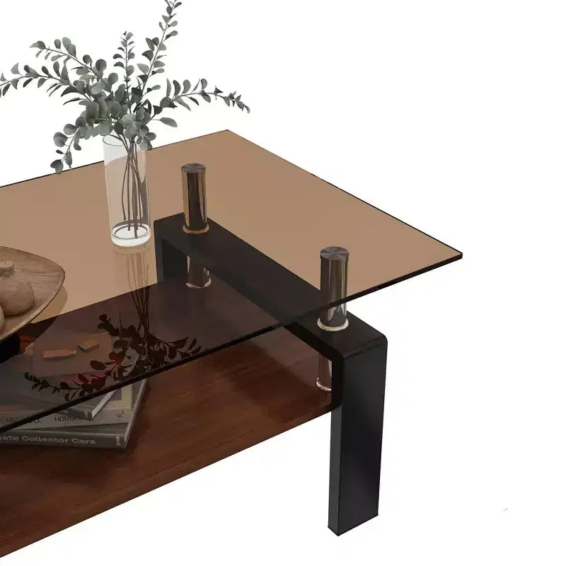 Table basse moderne rectangulaire Okak à 2 niveaux avec plateau en verre trempé et pieds en métal, table centrale d'appoint avec couche MDF pour salon
