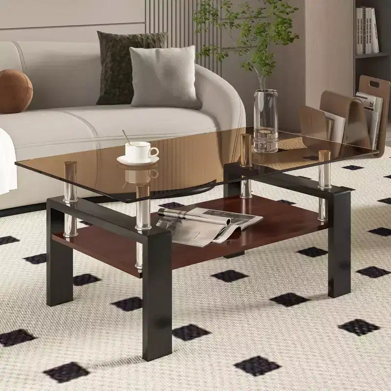 Table basse moderne rectangulaire Okak à 2 niveaux avec plateau en verre trempé et pieds en métal, table centrale d'appoint avec couche MDF pour salon
