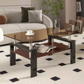 Table basse moderne rectangulaire Okak à 2 niveaux avec plateau en verre trempé et pieds en métal, table centrale d'appoint avec couche MDF pour salon