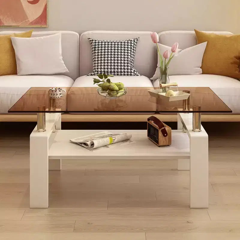 Table basse moderne rectangulaire Okak à 2 niveaux avec plateau en verre trempé et pieds en métal, table centrale d'appoint avec couche MDF pour salon