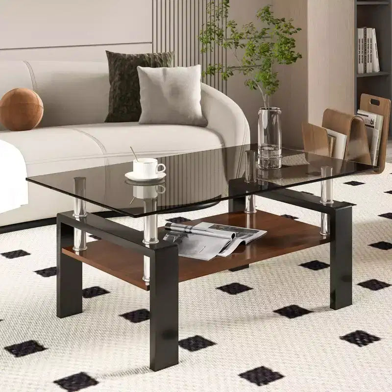 Table basse moderne rectangulaire Okak à 2 niveaux avec plateau en verre trempé et pieds en métal, table centrale d'appoint avec couche MDF pour salon