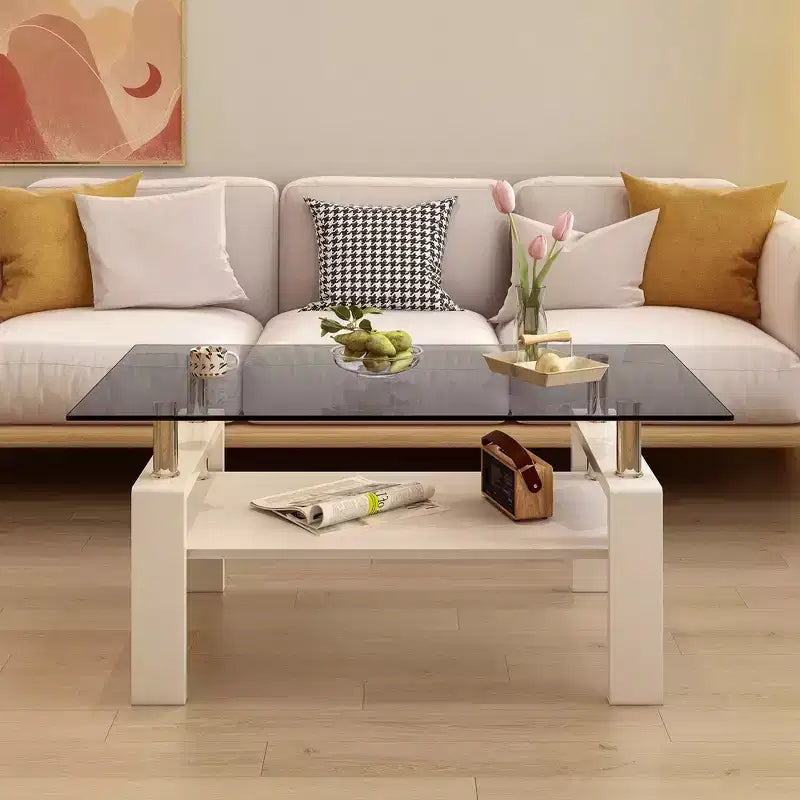 Table basse moderne rectangulaire Okak à 2 niveaux avec plateau en verre trempé et pieds en métal, table centrale d'appoint avec couche MDF pour salon