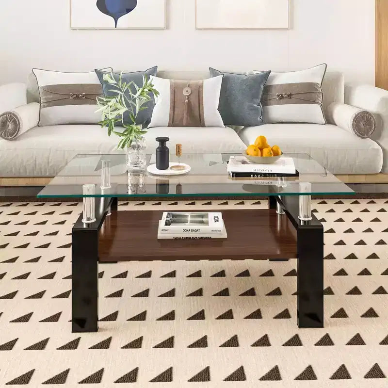 Okak Rectangle Modern 2-Tier Coffee Table with Tempered Glass Top & Metal Legs,Accent Center Table with MDF Layer for Living Room