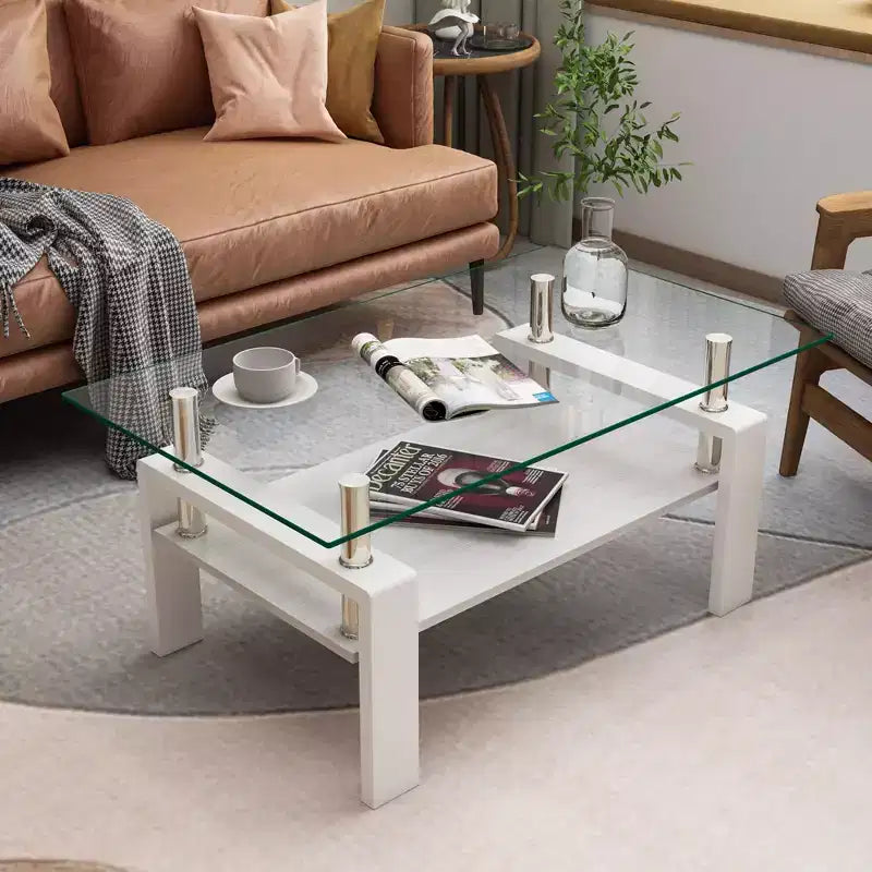 Table basse moderne rectangulaire Okak à 2 niveaux avec plateau en verre trempé et pieds en métal, table centrale d'appoint avec couche MDF pour salon