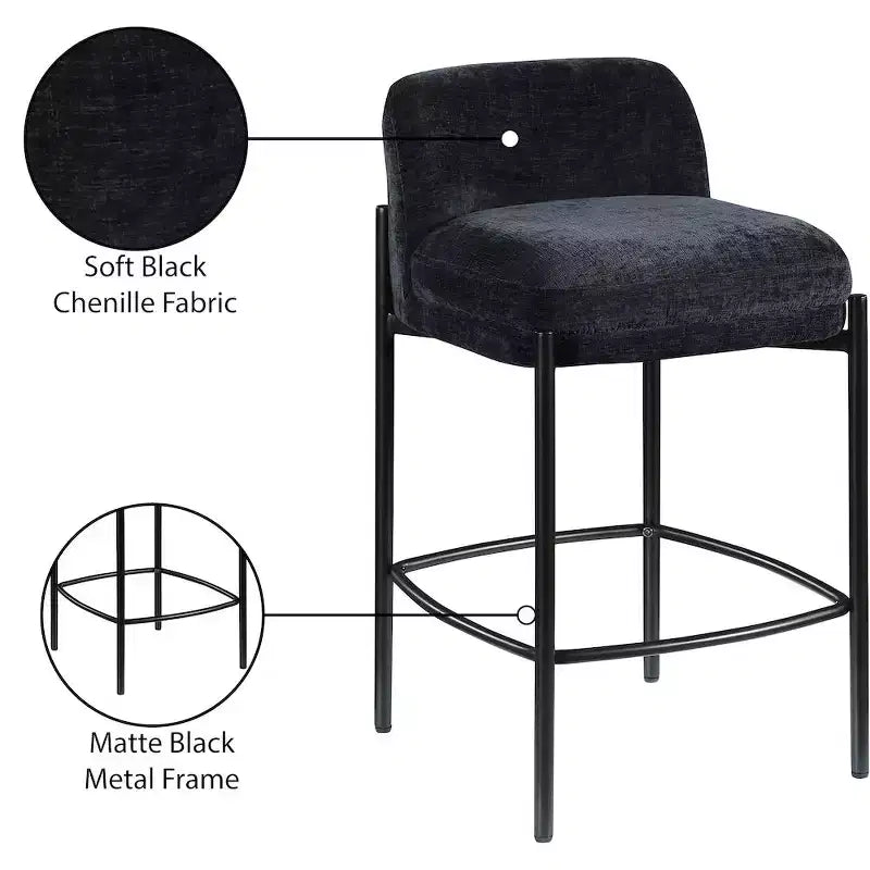Meridian Furniture, Tabouret Burton en tissu chenille noir, Lot de 2