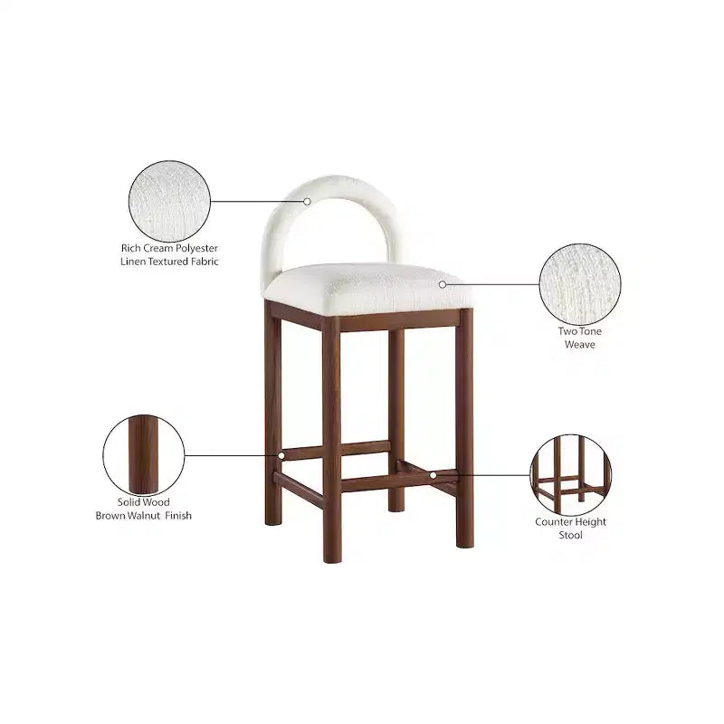 Meridian Furniture, Tabouret de comptoir en tissu texturé lin crème Conrad