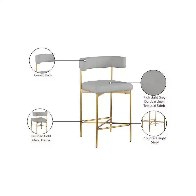 Meridian Furniture, Tabouret en tissu texturé lin gris clair et durable Rivage, lot de 2