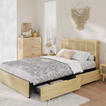 Bed Frame with Natural Rattan Headboard, Queen Size, 4 Storage Drawers, Wooden Slats, Boho-Style Cane Support, Metal Base