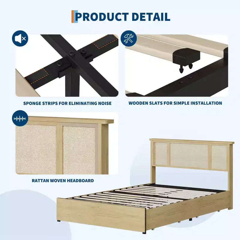 Lit avec tête de lit en rotin naturel, taille Queen, 4 tiroirs de rangement, lattes en bois, support en cannage de style bohème, base en métal