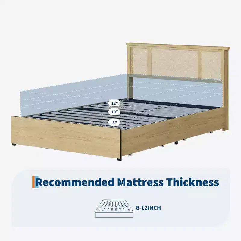 Lit avec tête de lit en rotin naturel, taille Queen, 4 tiroirs de rangement, lattes en bois, support en cannage de style bohème, base en métal