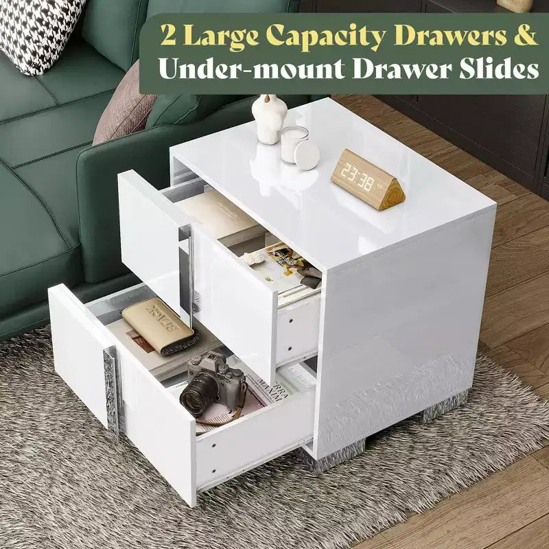 AMERLIFE Table de chevet, table d'appoint moderne 60 cm avec 2 tiroirs, finition brillante UV