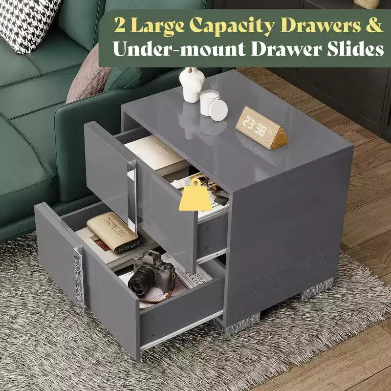 AMERLIFE Table de chevet, table d'appoint moderne 60 cm avec 2 tiroirs, finition brillante UV