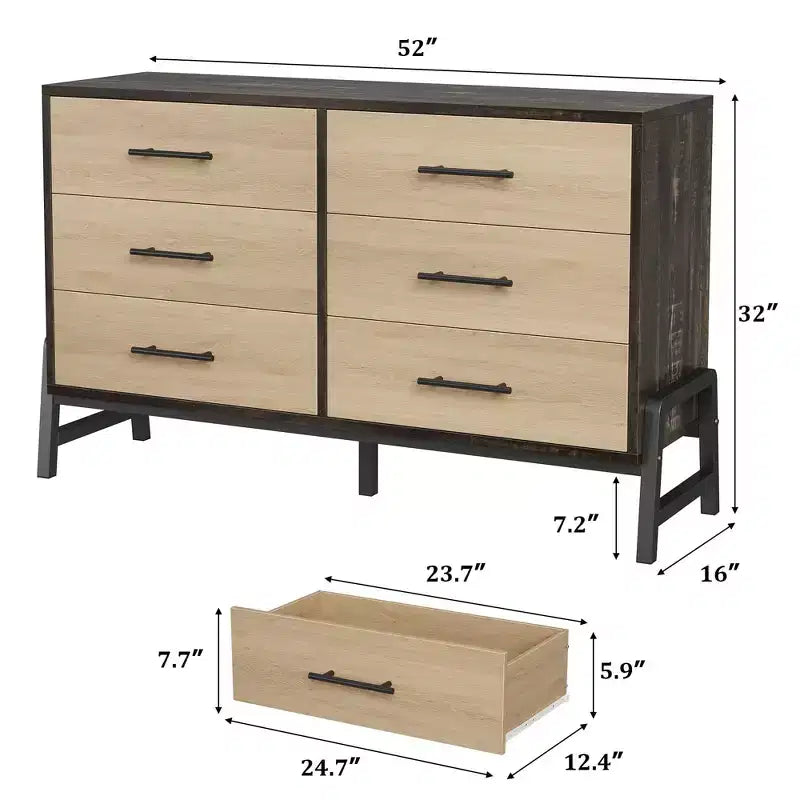 TROPOW 6 Commode pour chambre à coucher, commode autonome de 132 cm de large avec rangement, commode de rangement en bois pour salon, chambre à coucher, entrée