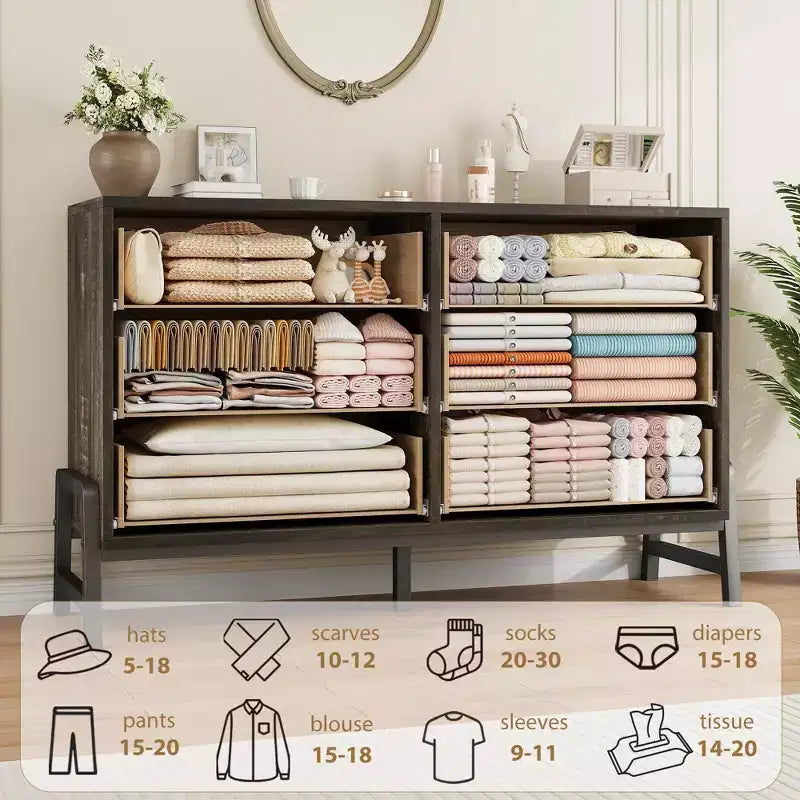 TROPOW 6 Commode pour chambre à coucher, commode autonome de 132 cm de large avec rangement, commode de rangement en bois pour salon, chambre à coucher, entrée