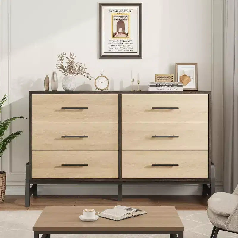 TROPOW 6 Commode pour chambre à coucher, commode autonome de 132 cm de large avec rangement, commode de rangement en bois pour salon, chambre à coucher, entrée