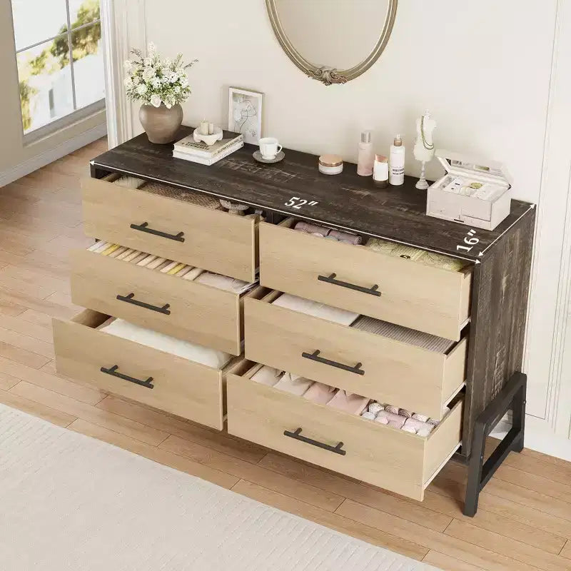TROPOW 6 Commode pour chambre à coucher, commode autonome de 132 cm de large avec rangement, commode de rangement en bois pour salon, chambre à coucher, entrée