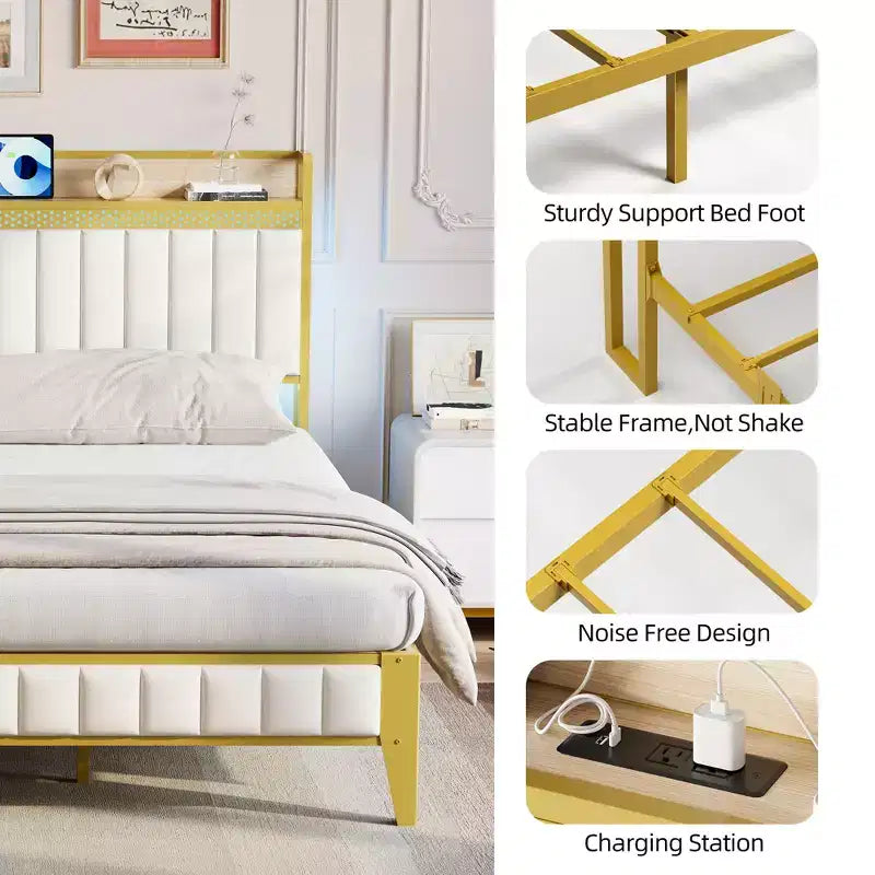 Cadre de lit rembourré avec lumières LED | Station de charge USB et rangement | Design blanc et or | Lattes métalliques silencieuses | Assemblage facile